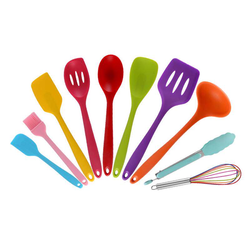彩色全包硅胶厨具10件套收纳桶多功能不粘锅锅铲烹饪套装彩盒装
