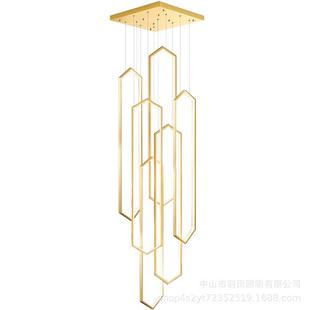 楼梯吊灯现代简约别墅复式 楼中空loft旋转楼梯间极简超长方框灯具