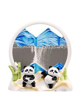 熊猫流沙画摆件客厅玄关电视柜酒柜沙漏装饰品办公室桌面释压好礼