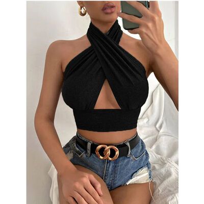 Cross hanging neck hollow top for women 女士交叉挂脖镂空上衣