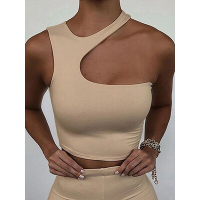 irregular exposed navel sleeveless top 纯色不规则露脐上衣女