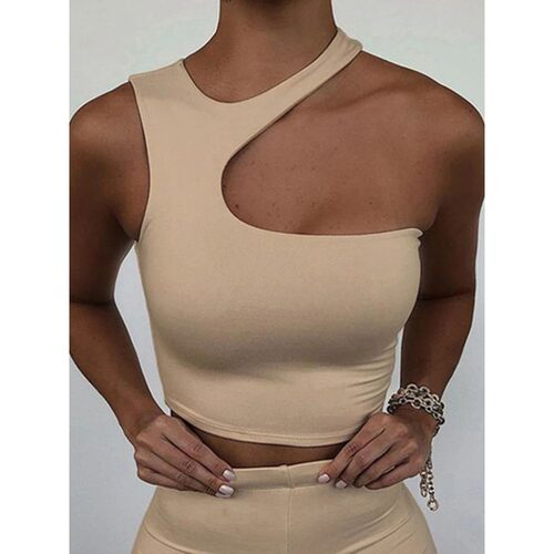 irregular exposed navel sleeveless top 纯色不规则露脐上衣女