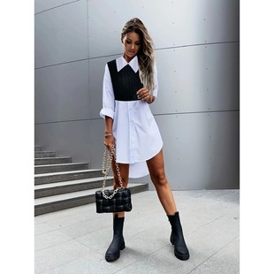 Long sleeved V-neck button up shirt women长袖V领纽扣拼接衬衫