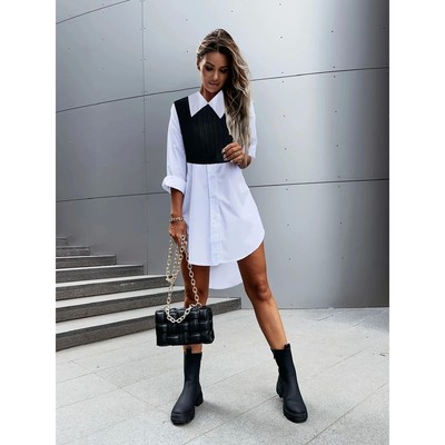 Long sleeved V-neck button up shirt women长袖V领纽扣拼接衬衫