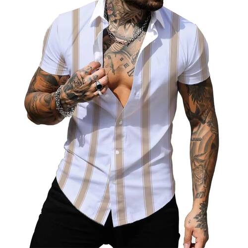 3D digital printed collar striped top 3D数码印花翻领条纹衬衫