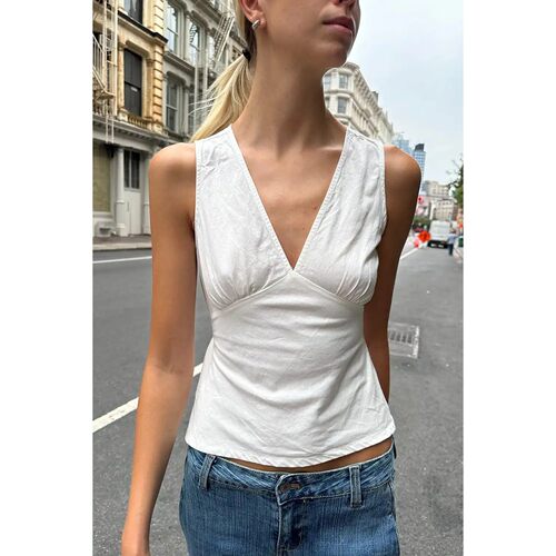 Solid color V-neck lace up sleeveless top纯色V领系带无袖上衣