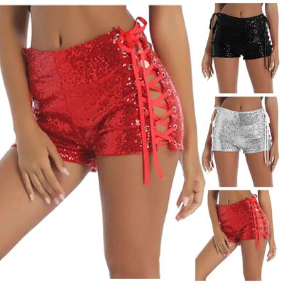 High waisted sexy lace sequin shorts women高腰绑带亮片短裤女