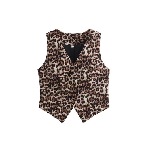 Leopard print V-neck sleeveless top woman豹纹印花V领无袖上衣
