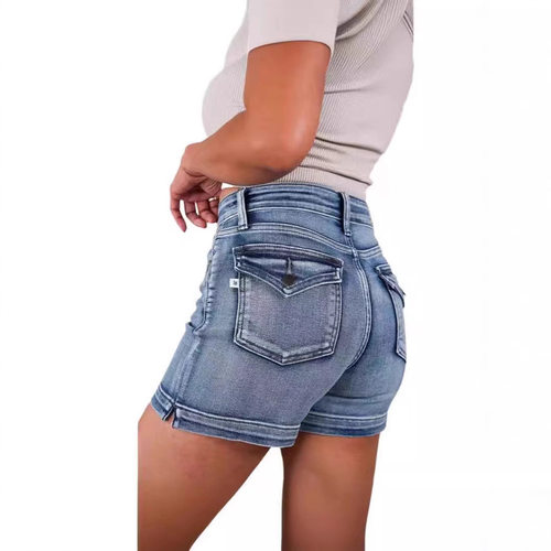 Slim fit high waisted elastic denim shorts修身高腰牛仔短裤女