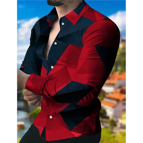 3D digital printed color blocked lapel shirt3D印花拼色衬衫男
