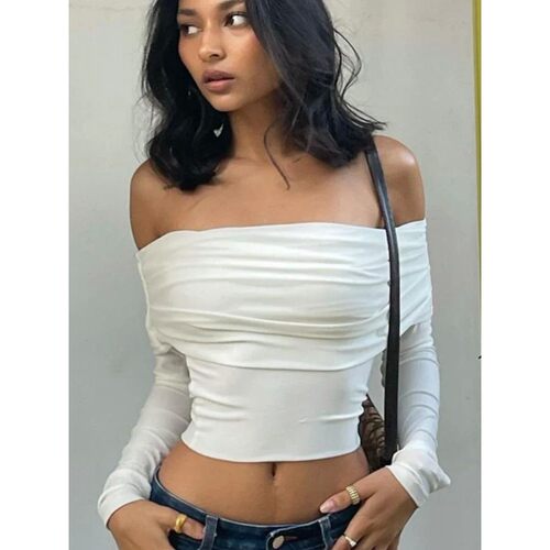 One neck strapless and crop exposed T-shirt一字领抹胸露脐T恤