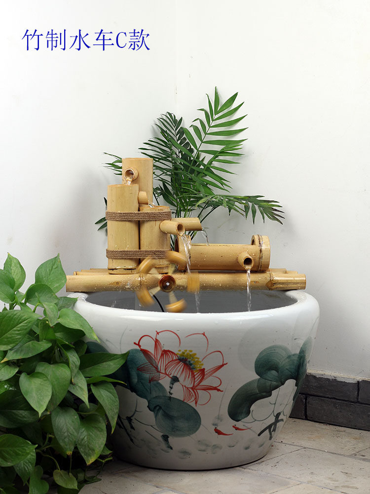 竹子流水器 鱼缸石槽鱼盆增氧过滤 客厅摆件 风水轮水车循环流水