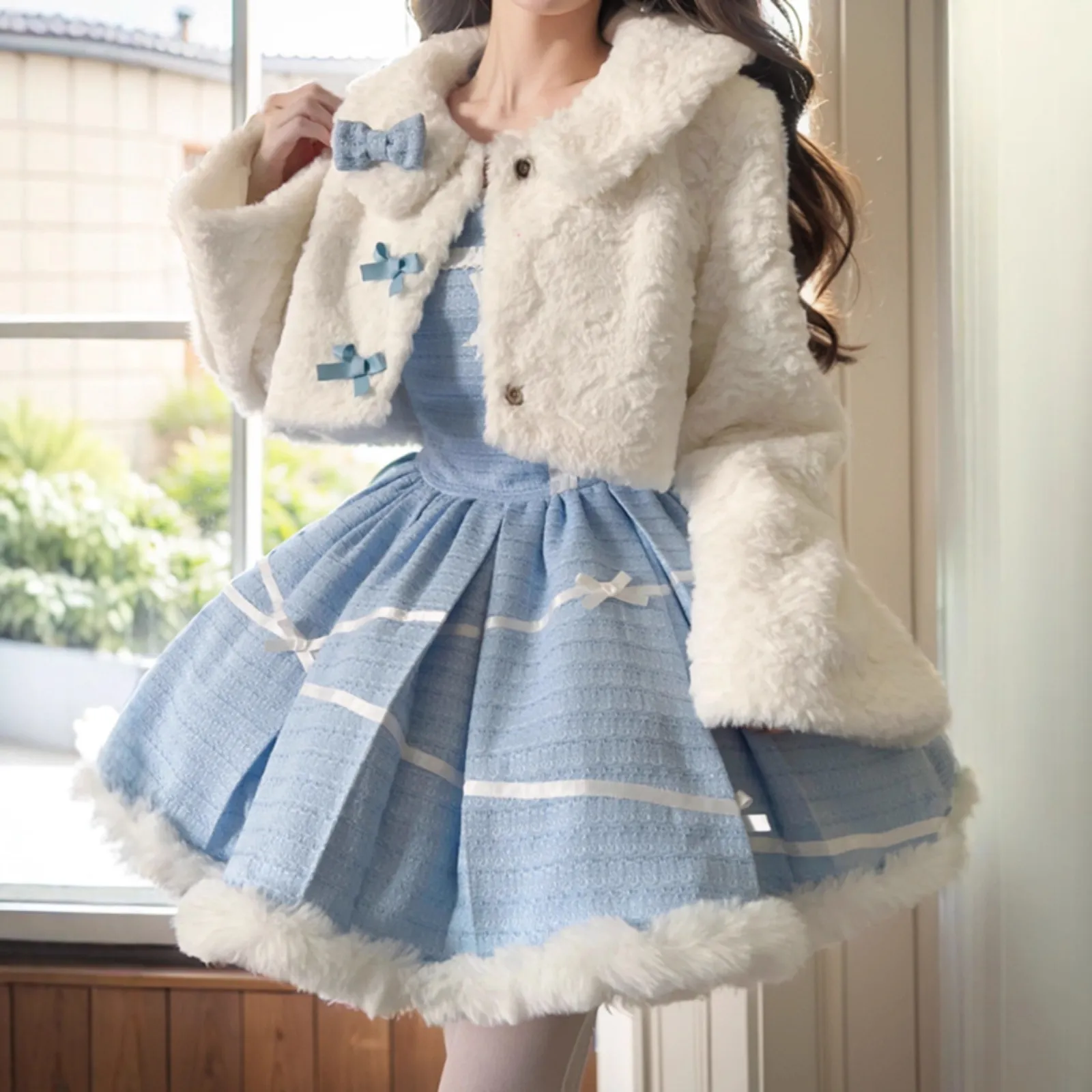 秋冬新款小香风千金名媛套装羊羔毛毛绒外套女jk制服吊带蓬蓬裙