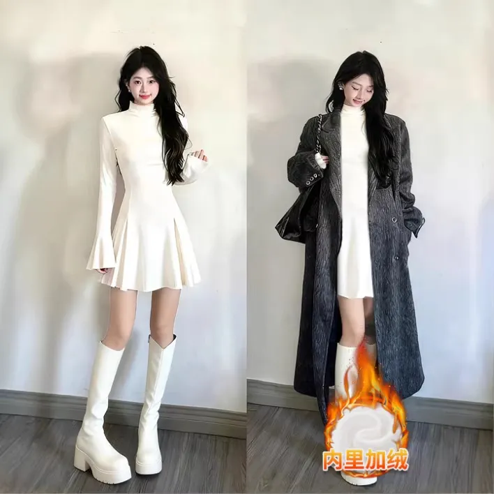 白色高领针织连衣裙女秋冬季加绒加厚内搭打底短款短裙子伯克利冬
