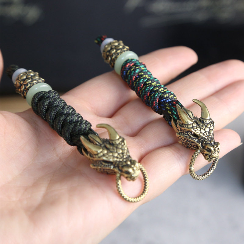 龙头钥匙扣挂件吊坠随身黄铜复古挂绳吊坠EDC推牌刀坠伞绳