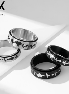 新品钛钢旋转心电图情侣戒指心动