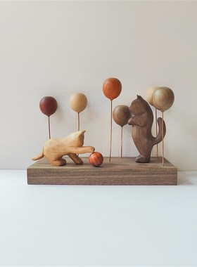软萌治愈系 实木气球 朦胧猫木制手作氛J围玄关车载装饰 桌面摆件