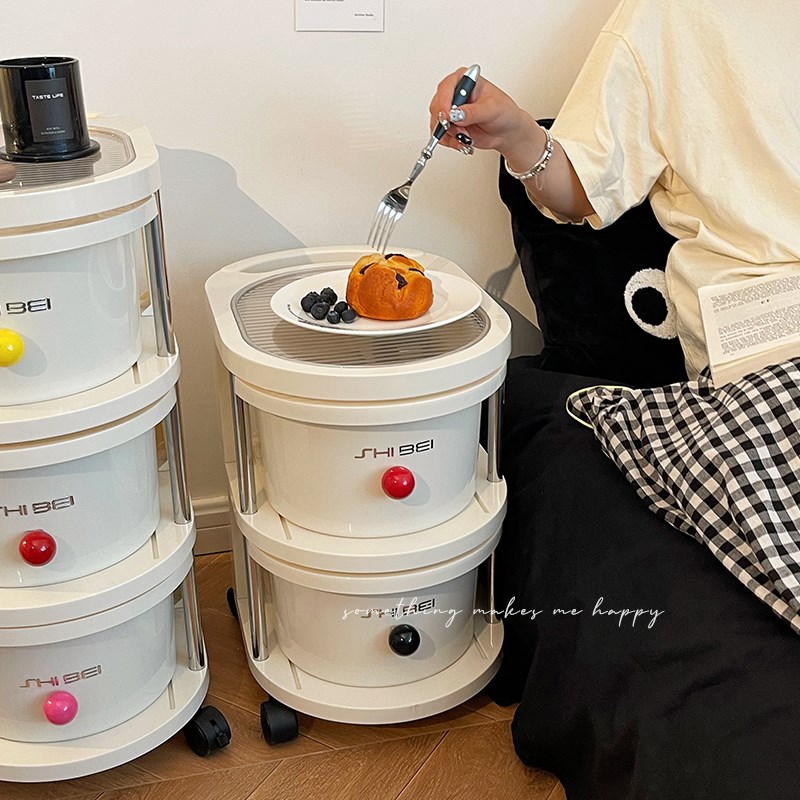 奶油风推车置物架卧室床头可x移动桌下落地收纳架零食小推车储物