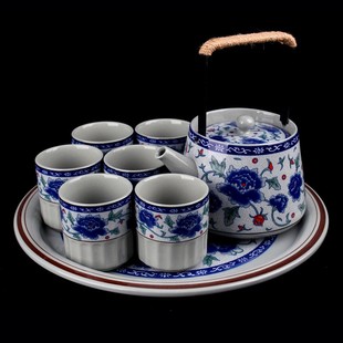 复古陶瓷茶盘托盘圆茶台茶F船茶海储水大号圆形功夫茶 青花瓷中式