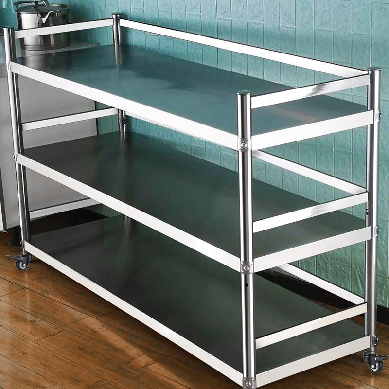 不锈钢围栏厨房置物架多层微波炉烤箱架落地N多功能置物架带轮货