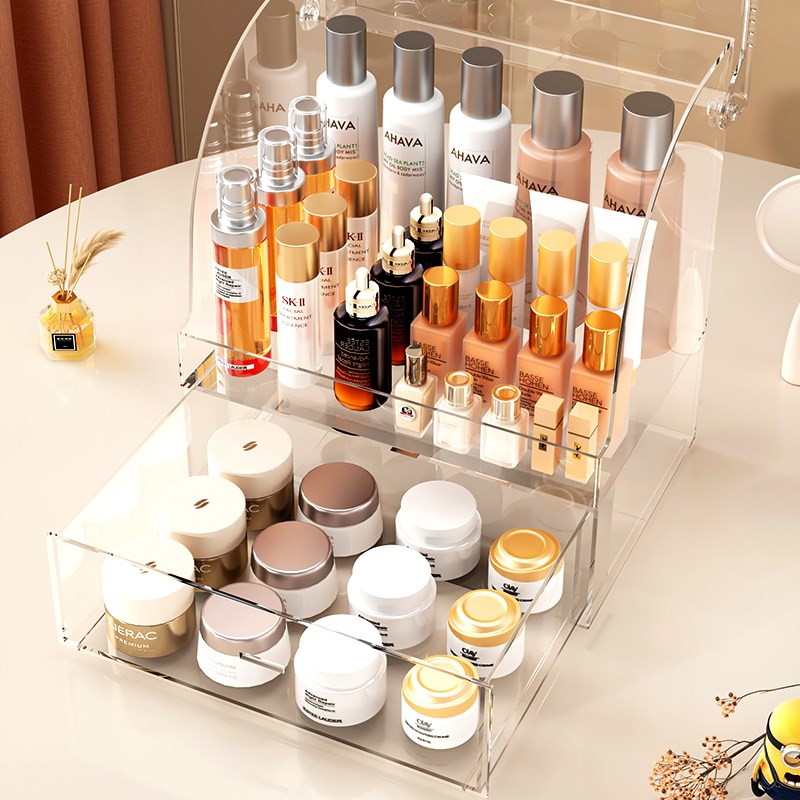 化妆品收纳盒透明桌面大容量防尘抽屉式J带盖梳妆台置物架整理盒