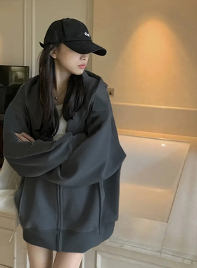 速发灰色连帽春衣2套春秋冷淡系拉链20外新款爆款装早卫ch