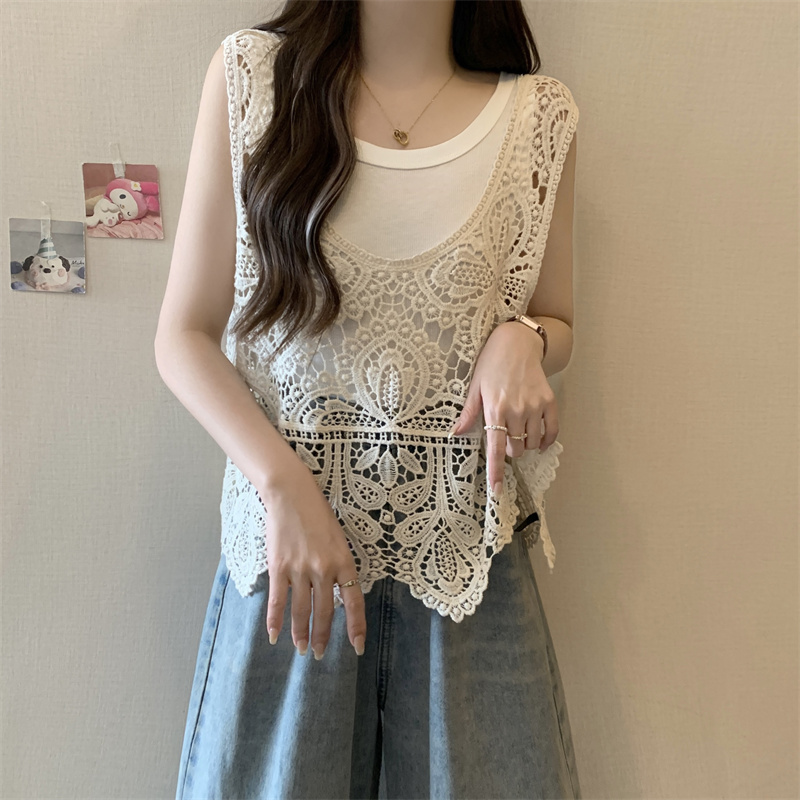 速发大码勾花镂空小马甲深U型休无袖外搭上衣领减闲龄背心马夹套