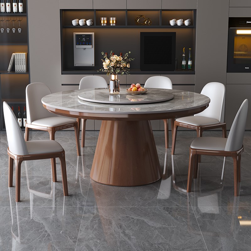 速发台板餐桌圆形家用大约12人实木饭桌轻奢高端1.8米简理石岩面