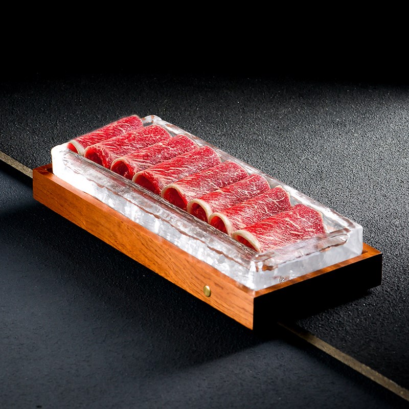 速发港式海鲜火锅底血和牛餐具长方充子实木盘电发光纯座配玻璃板