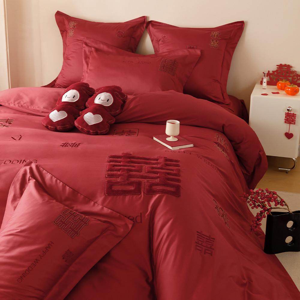 新中式婚庆床品100支全棉红色喜字刺绣结婚被套床单1.8床笠四件套,床上用品,婚庆床品套件,淘宝优惠券,粉丝福利购,淘宝优惠卷