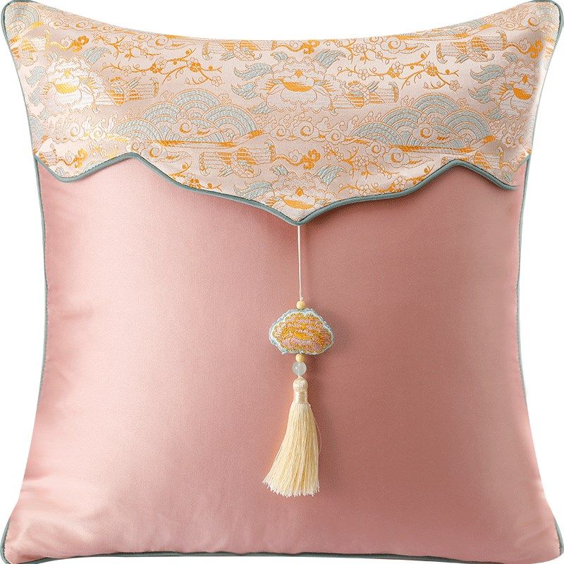速发中式流苏靠枕客厅沙发抱枕轻奢高级感粉色结婚风靠垫套复古
