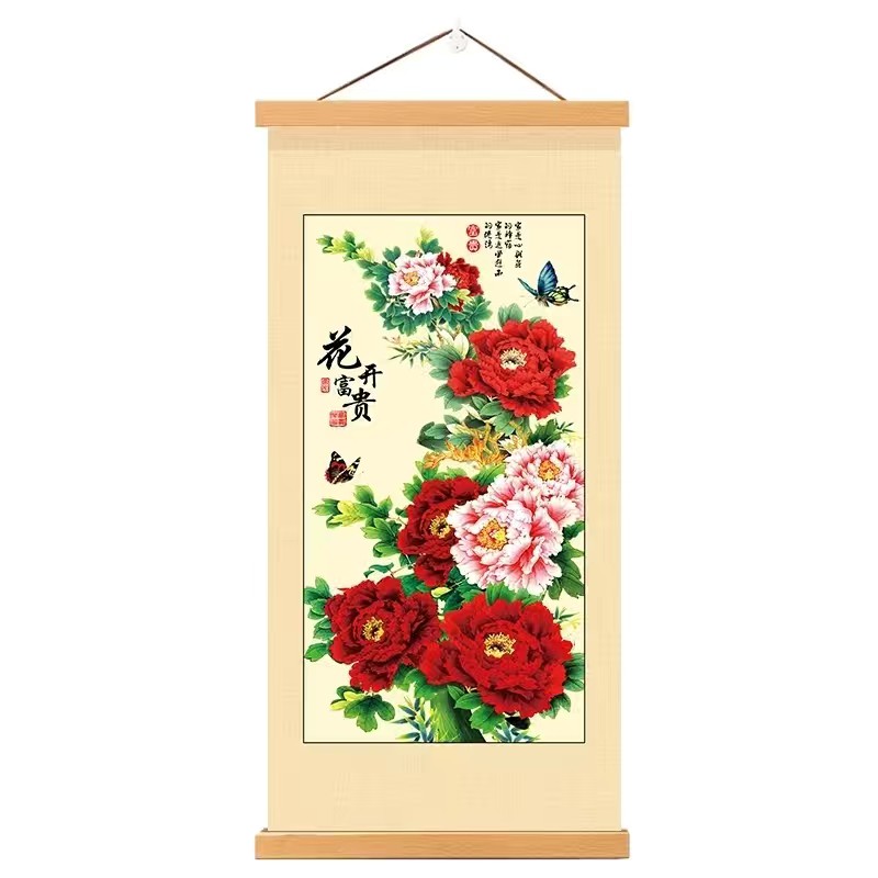 速发新款花开富贵牡丹花挂画客厅书房玄关装饰画布艺实木挂轴墙画图片