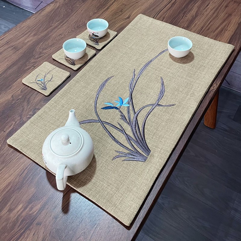 速发新中式小茶席防水垫子刺绣兰花布艺茶杯垫隔热餐桌垫高端茶桌