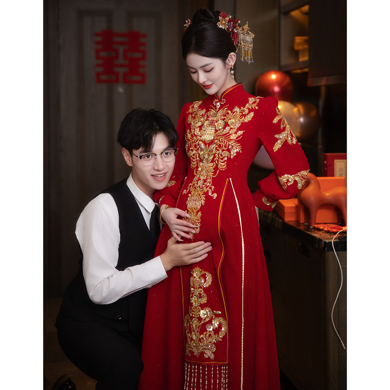 速发新禾式婚中孕妇旗袍敬酒服新娘大码遮肚子长袖订秀礼服秋冬季