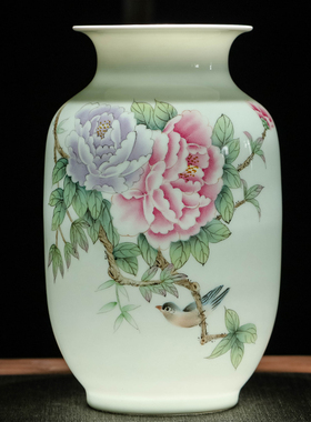 速发景德师陶大器花瓶瓷镇手绘花开富贵中式家居客厅电视柜博古架