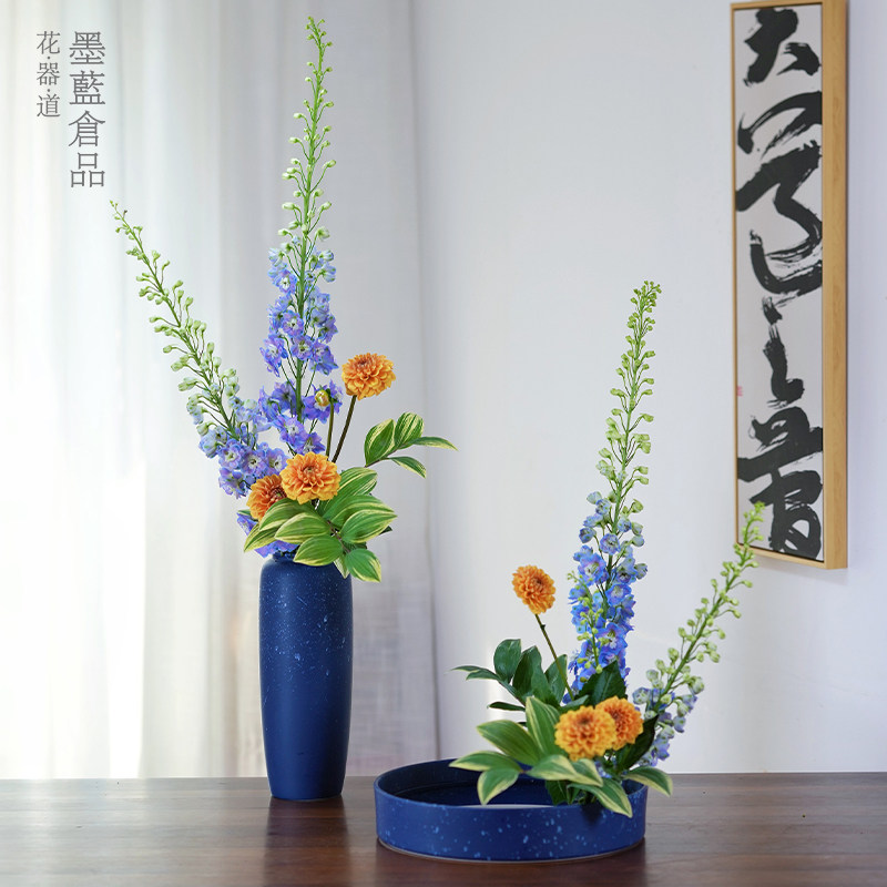 速发星空蓝陶瓷器盘花圆大式禅意日 插花器皿 客厅桌面花瓶摆件投