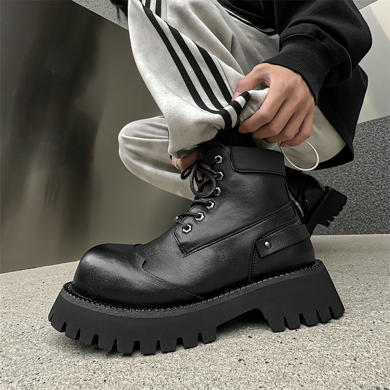 2025春季马丁靴男款高帮厚底增高德比鞋复古黑色工装休闲百搭短靴