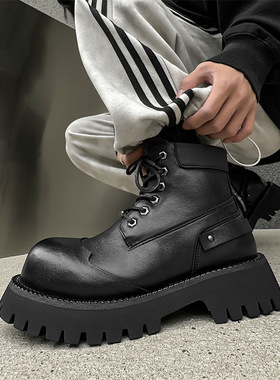 2025春季马丁靴男款高帮厚底增高德比鞋复古黑色工装休闲百搭短靴