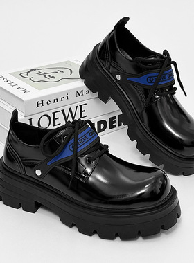 亮面大头鞋男士黑色真皮2025新款休闲皮鞋厚底增高英伦风德比鞋潮