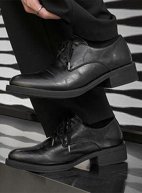 小众黑色厚底德比鞋男款商务正装皮鞋男士英伦风尖头休闲结婚鞋子