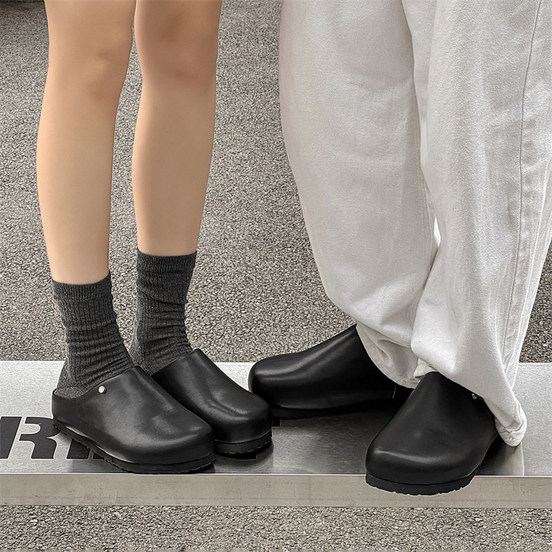 2025新款真皮勃肯鞋男厚底增高包头半拖鞋女外穿一脚蹬懒人穆勒鞋