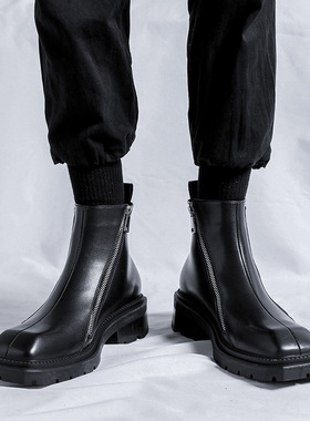 切尔西靴男小众方头马丁靴时尚皮靴高帮厚底增高中筒黑色拉链短靴