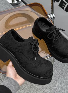 男鞋新中式国潮手工刺绣皮鞋男增高厚底国风德比鞋黑色复古小皮鞋