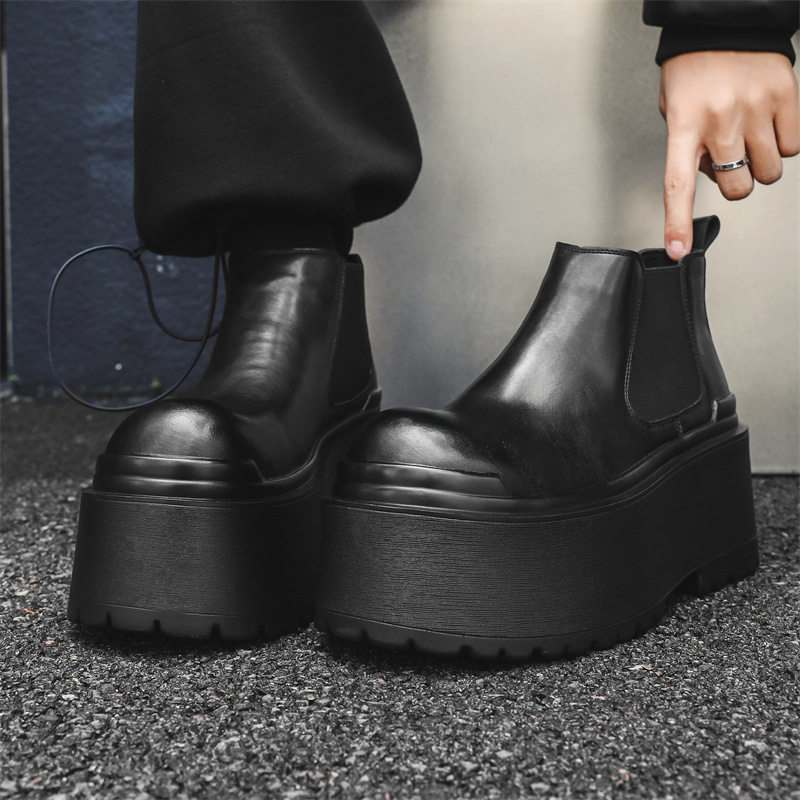 小众设计感厚底增高马丁靴男款黑色高帮休闲皮鞋小个子男生机车靴