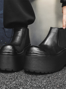 小众设计感厚底增高马丁靴男款黑色高帮休闲皮鞋小个子男生机车靴