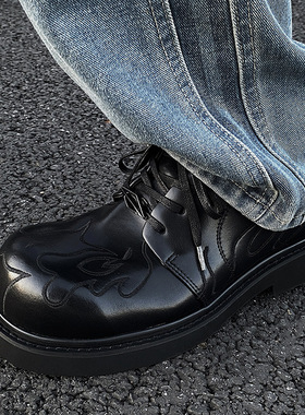 复古绣花真皮厚底德比鞋男英伦风高级感大头休闲皮鞋黑色增高男鞋