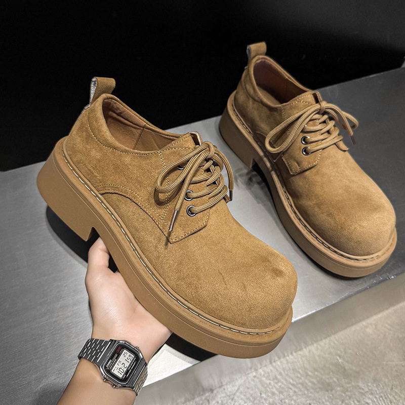 复古大头翻毛皮德比鞋男女厚底增高英伦风工装软底大黄靴小皮鞋男