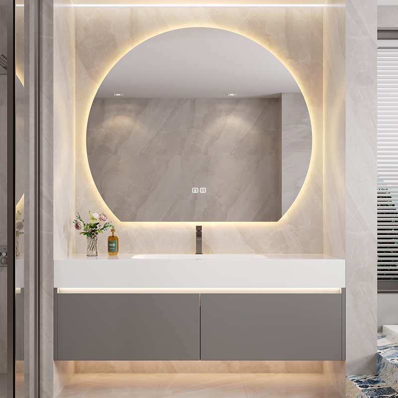 奶油风岩板陶瓷无缝一体盆浴室柜