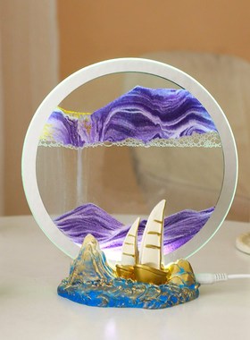 一帆风顺帆船流沙画摆件创意家居桌面沙漏装饰小夜灯送人生日礼物