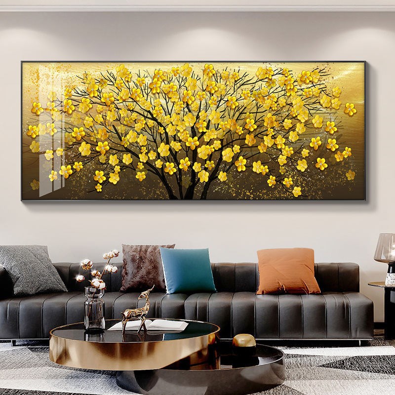 发财树客厅沙发背景墙挂画轻奢简约横幅2025新款W大气墙壁装饰画